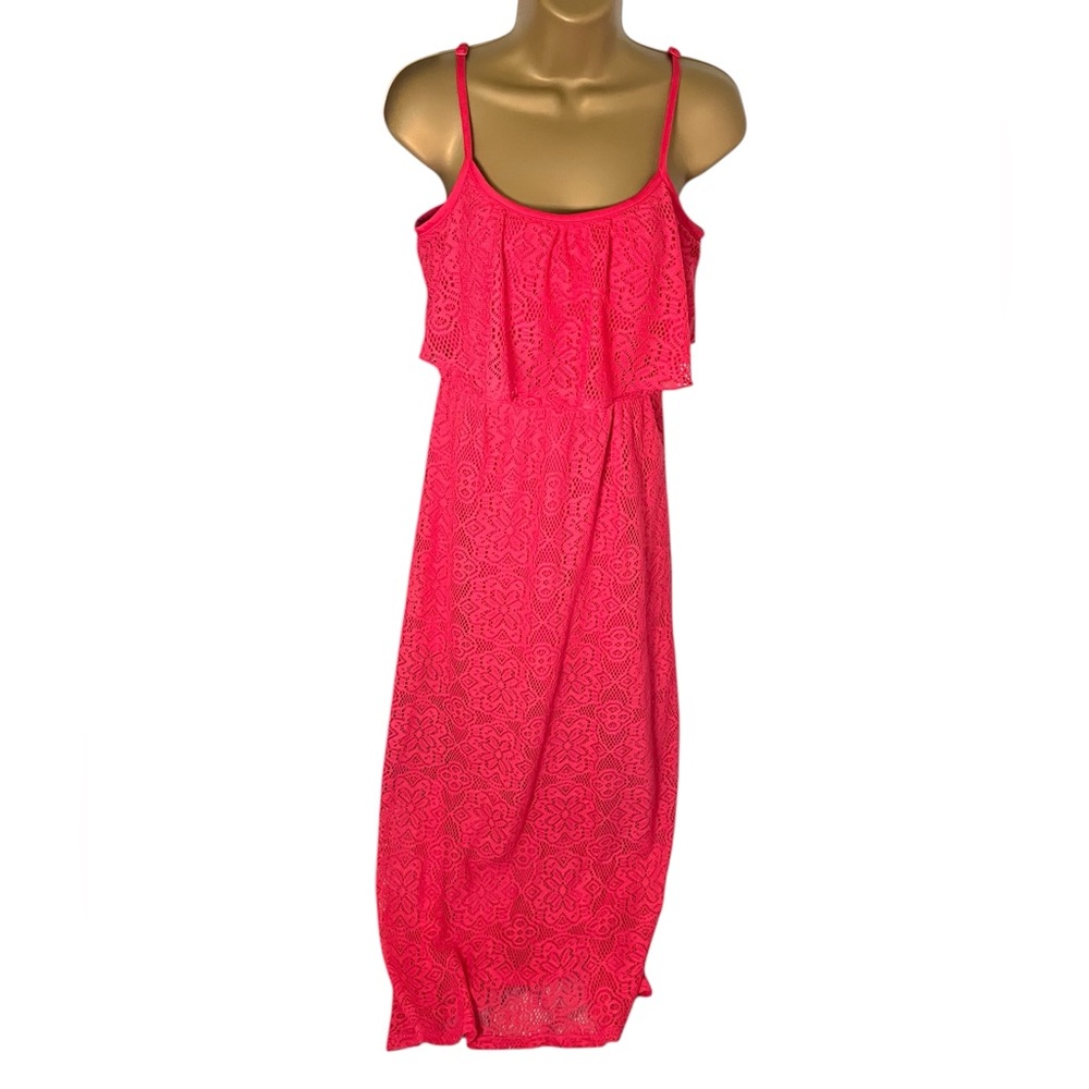 Bailey Blue Crochet Overlay Maxi Dress Ruffle Trim Hot Pink M